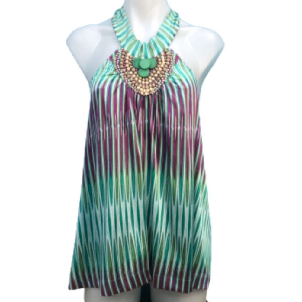 A COMMON THREAD SILK BEADED  HALTER TOP•sz P